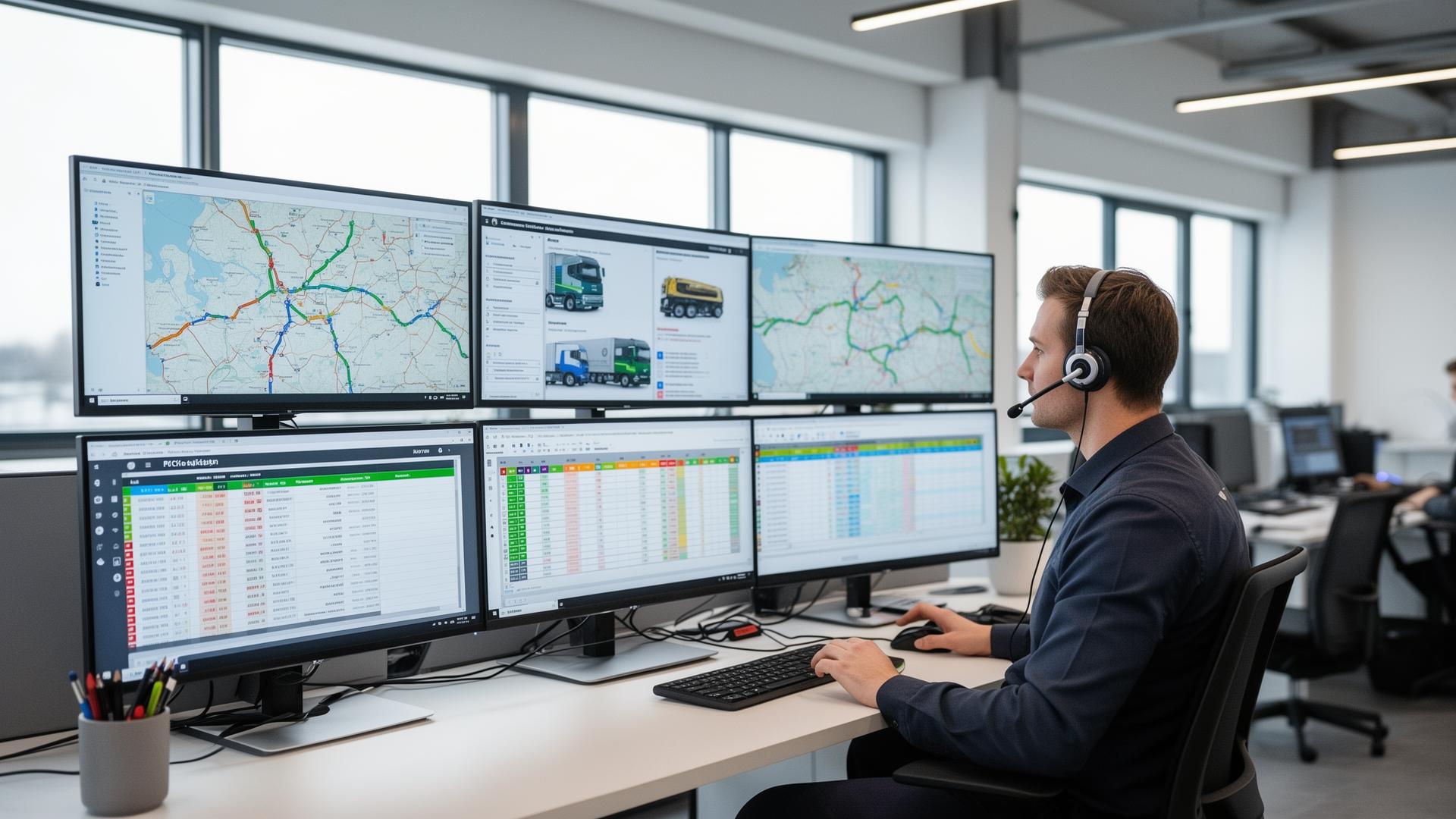 Speditör följer transporter på flera skärmar
